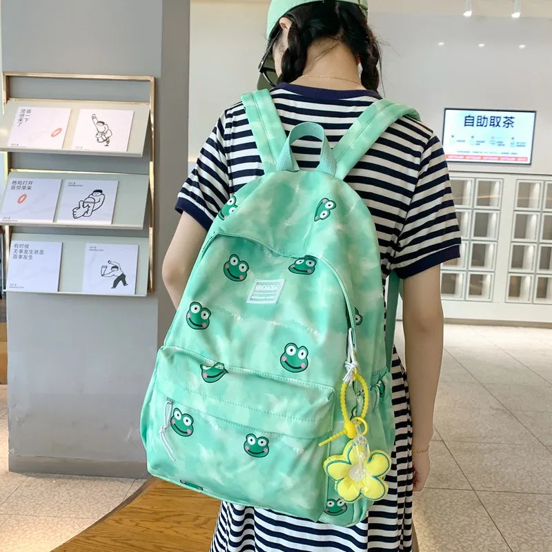 Women Japanese Frog Print Backpack Canvas Girl Student Ins Schoolbag