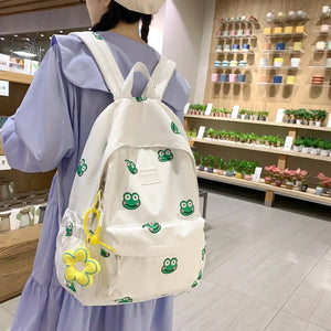 Women Japanese Frog Print Backpack Canvas Girl Student Ins Schoolbag