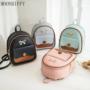 Women Mini Backpack Bow Patchwork Multi-Functional Small PU Leather Bag