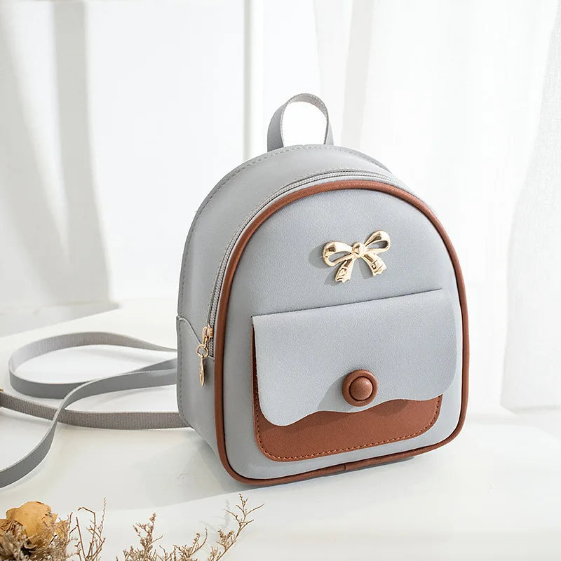 Women Mini Backpack Bow Patchwork Multi-Functional Small PU Leather Bag