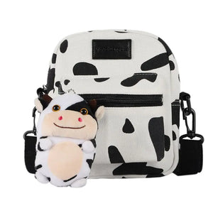 Cartoon Cow Print Shoulder Bag Canvas Crossbody Tote Purse