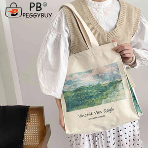 Women Foldable Handbag Van Gogh Painting Grocery Shopper Storage Bag Zipper