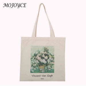 Canvas Van Gogh Oil Painting Grocery Shopper Storage Bag Zipper Foldable Travel