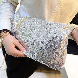 Glitter Sequins Envelope Clutch Party Evening Bag Wallet Purse Silver