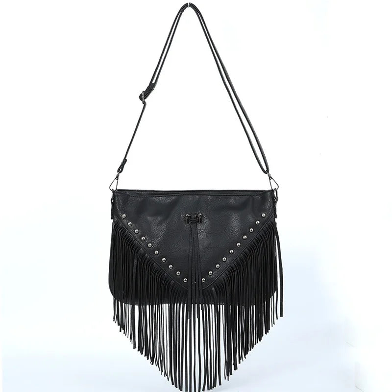 Women Lady Girl Rivet Shoulder Bag Messenger Soft PU Tassel Solid
