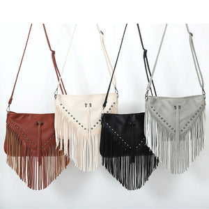 Women Lady Girl Rivet Shoulder Bag Messenger Soft PU Tassel Solid