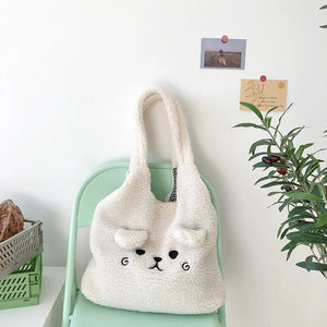 Plush Bear Canvas Shoulder Bag Soft Tote Shopping Bags Girls Book Bag