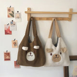 Plush Bear Canvas Shoulder Bag Soft Tote Shopping Bags Girls Book Bag