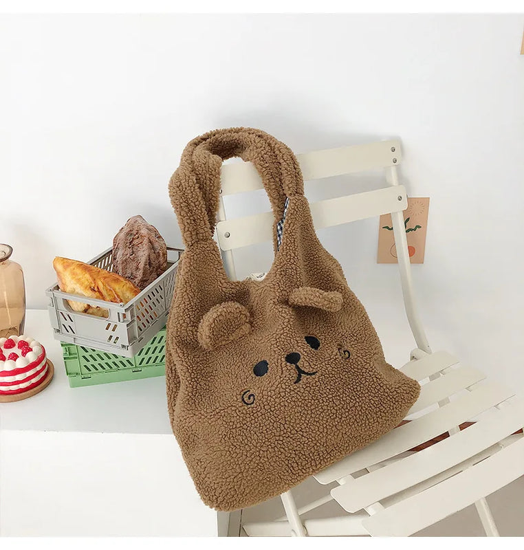 Plush Bear Canvas Shoulder Bag Soft Tote Shopping Bags Girls Book Bag