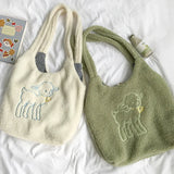 Women Lamb Fabric Shoulder Bag Canvas Handbag Tote Large Capacity Embroidery