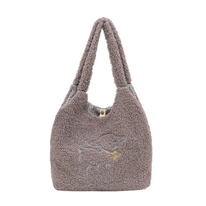 Women Lamb Like Fabric Shoulder Bag Large Capacity Embroidery Shopping Bag