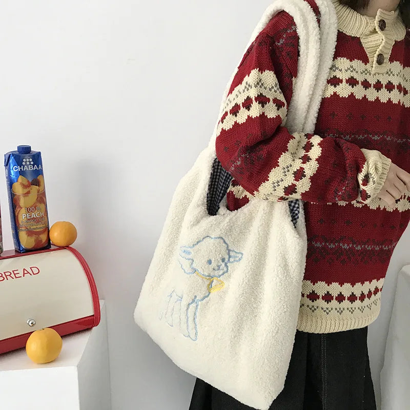 Women Lamb Fabric Shoulder Bag Canvas Handbag Tote Large Capacity Embroidery