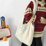 Women Lamb Fabric Shoulder Bag Canvas Handbag Tote Large Capacity Embroidery