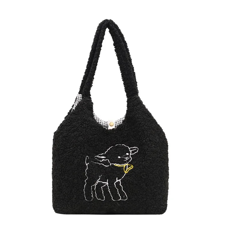 Women Lamb Fabric Shoulder Bag Handbag Tote Large Capacity Shopping Bag