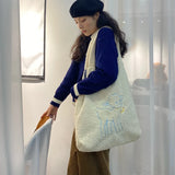 Women Lamb Like Fabric Shoulder Bag Large Capacity Embroidery Shopping Bag