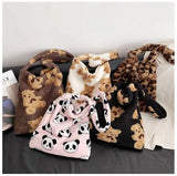 Women Lamb Fabric Shoulder Tote Bag Fluffy Fur Bear Handbags