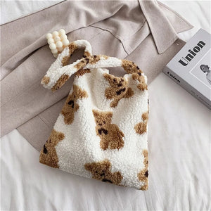 Women Lamb Fabric Shoulder Tote Bag Fluffy Bear Handbags Soft Shopping Bags