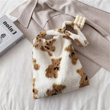Women Lamb Fabric Shoulder Tote Bag Fluffy Bear Handbags Large Capacity