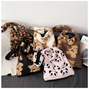 Fluffy Fur Bear Shoulder Tote Bag Soft Shopping Bags Girls School Bag
