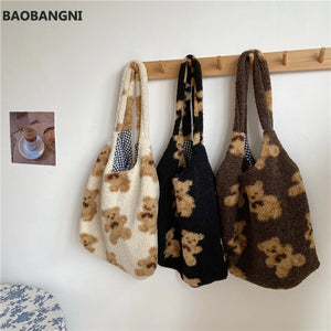 Women Lamb Fabric Shoulder Tote Bag Fluffy Fur Handbags