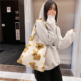 Women Lamb Fabric Shoulder Tote Bag Fluffy Bear Handbags Soft Shopping Bags