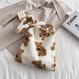 Women Lamb Fabric Tote Bag Fluffy Fur Bear Handbags Large Capacity Soft