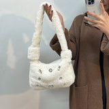 Fluffy Shoulder Tote Bag Faux Fur Stud Diamonds Small Purse