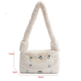 Fluffy Shoulder Tote Bag Faux Fur Stud Diamonds Small Purse