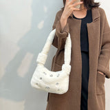 Fluffy Shoulder Tote Bag Faux Fur Stud Diamonds Small Purse