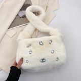 Fluffy Shoulder Tote Bag Faux Fur Stud Diamonds Small Purse
