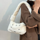 Fluffy Shoulder Tote Bag Faux Fur Stud Diamonds Small Purse