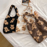 Fluffy Bear Tote Bag Canvas Handbag Soft Plush Shoulder Bag Large Capacity