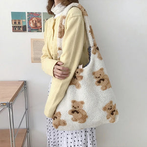 Fluffy Bear Tote Bag Canvas Handbag Soft Plush Shoulder Bag Large Capacity