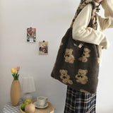 Fluffy Bear Tote Bag Canvas Handbag Soft Plush Shoulder Bag Large Capacity