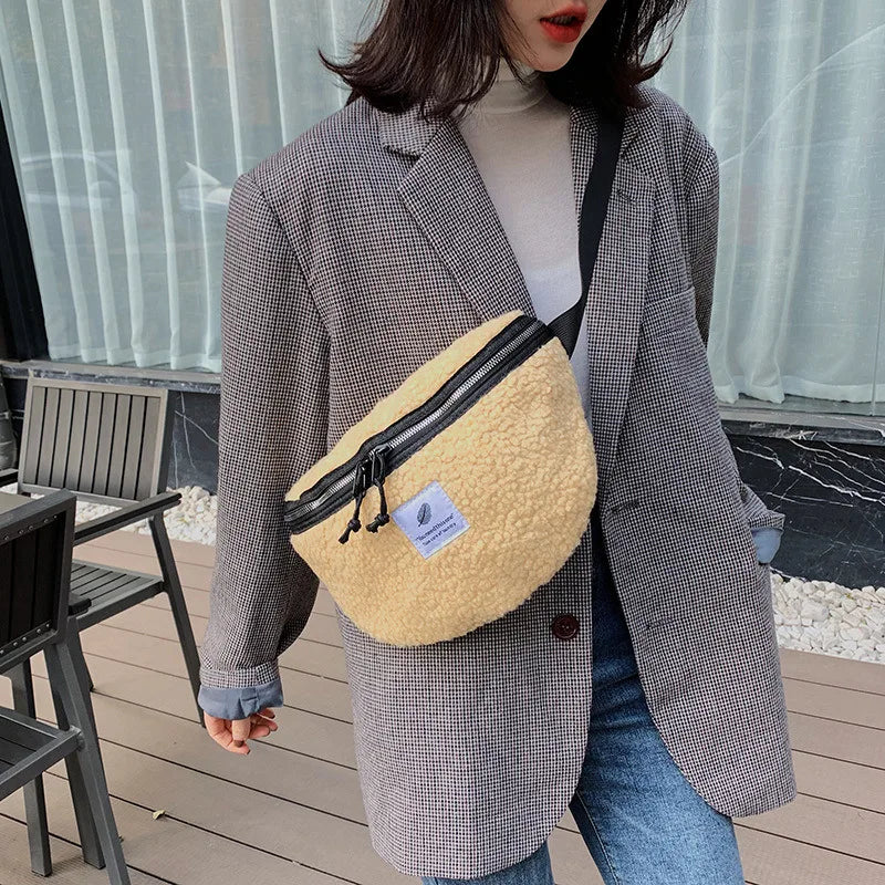 Plush Lamb Wool Waist Bag Soft Crossbody Hip Money Pouch
