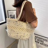Large Capacity Crochet Shoulder Bag, Straw Woven Tote Handbag