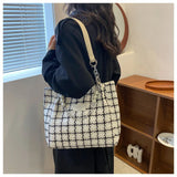 Large Capacity Shoulder Bag Contrasting Colors Plaid Tote Chain Beaded Canvas