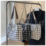 Large Capacity Shoulder Bag Contrasting Colors Plaid Tote Chain Beaded Canvas