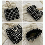 Large Capacity Shoulder Bag Contrasting Colors Plaid Tote Chain Beaded Canvas