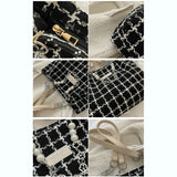 Large Capacity Shoulder Bag Contrasting Colors Plaid Tote Chain Beaded Canvas