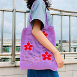 Women Large Capacity Shoulder Bags Knitting Flower Handbags Crochet Hobo Bag