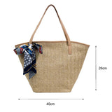 Large Capacity Beach Woven Shoulder Tote Bag with Silk Scarf