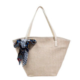 Large Capacity Beach Woven Shoulder Tote Bag with Silk Scarf