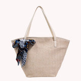 Large Capacity Beach Woven Shoulder Tote Bag with Silk Scarf