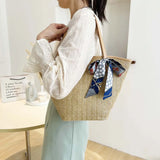 Large Capacity Beach Woven Shoulder Tote Bag with Silk Scarf