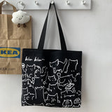 Cartoon Cat Canvas Tote Bag Large Shopper Bag with Zipper