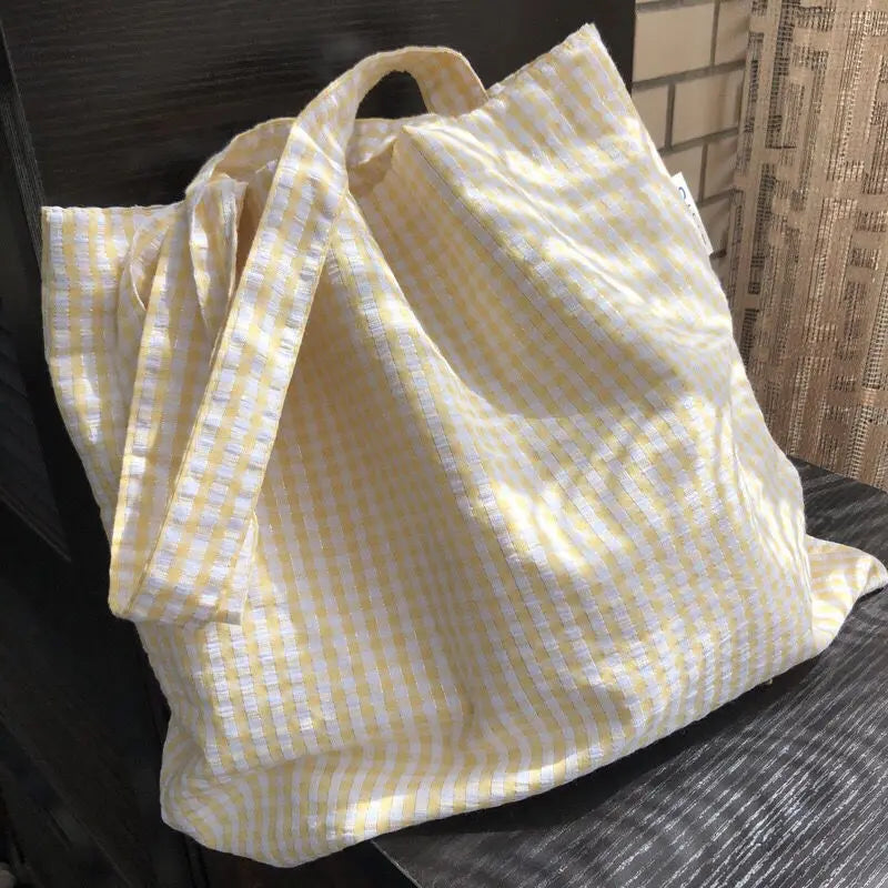 Women Large Capacity Shoulder Bags Plaid Cotton Big Totes Travel School Students