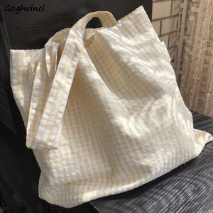 Women Large Capacity Shoulder Bags Plaid Cotton Big Totes Travel School Students