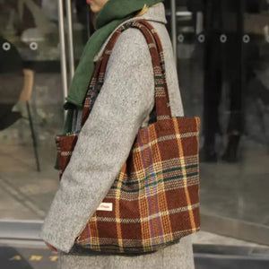 Women Large Capacity Shoulder Bags Plaid Vintage Mori-girl Shopping Handbags