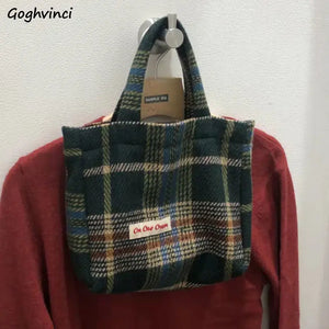 Women Large Capacity Shoulder Bags Plaid Vintage Mori-girl Shopping Handbags